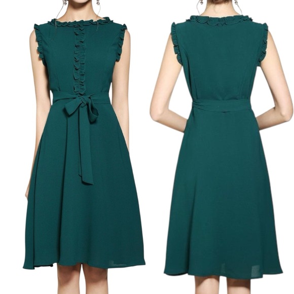 Riwins Dresses & Skirts - Riwins Teal Sleeveless A-Line Dress with Ribbon Tie